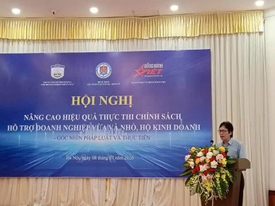 Ông Trần Quốc Nam phát biểu tại Hội nghị "Nâng cao hiệu quả thực thi chính sách hỗ trợ doanh nghiệp nhỏ và vừa, hộ kinh doanh - Góc nhìn pháp luật và thực tiễn" (ảnh nhân vật cung cấp)